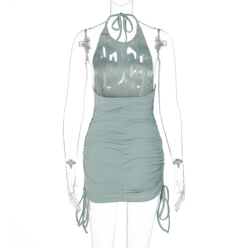Drawstring Ruched Halter Backless Mini Club Party Summer Sleeveless Bodycon Dress