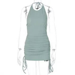 Drawstring Ruched Halter Backless Mini Club Party Summer Sleeveless Bodycon Dress
