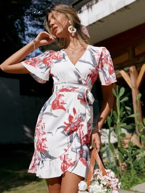 Elegant v-neck flare sleeve leopard print summer Ruffle floral sheath mini dress Holiday pink office Dress