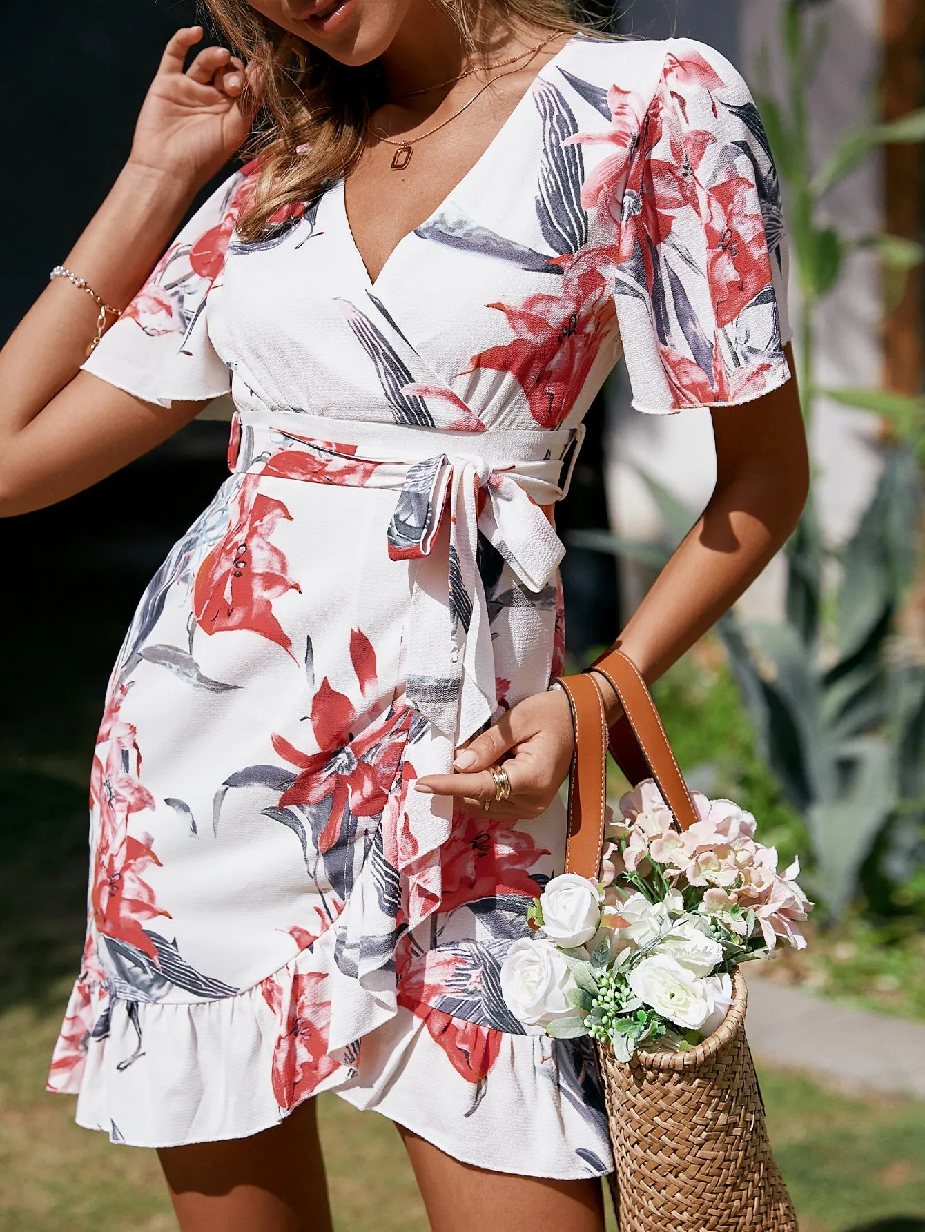 Elegant v-neck flare sleeve leopard print summer Ruffle floral sheath mini dress Holiday pink office Dress