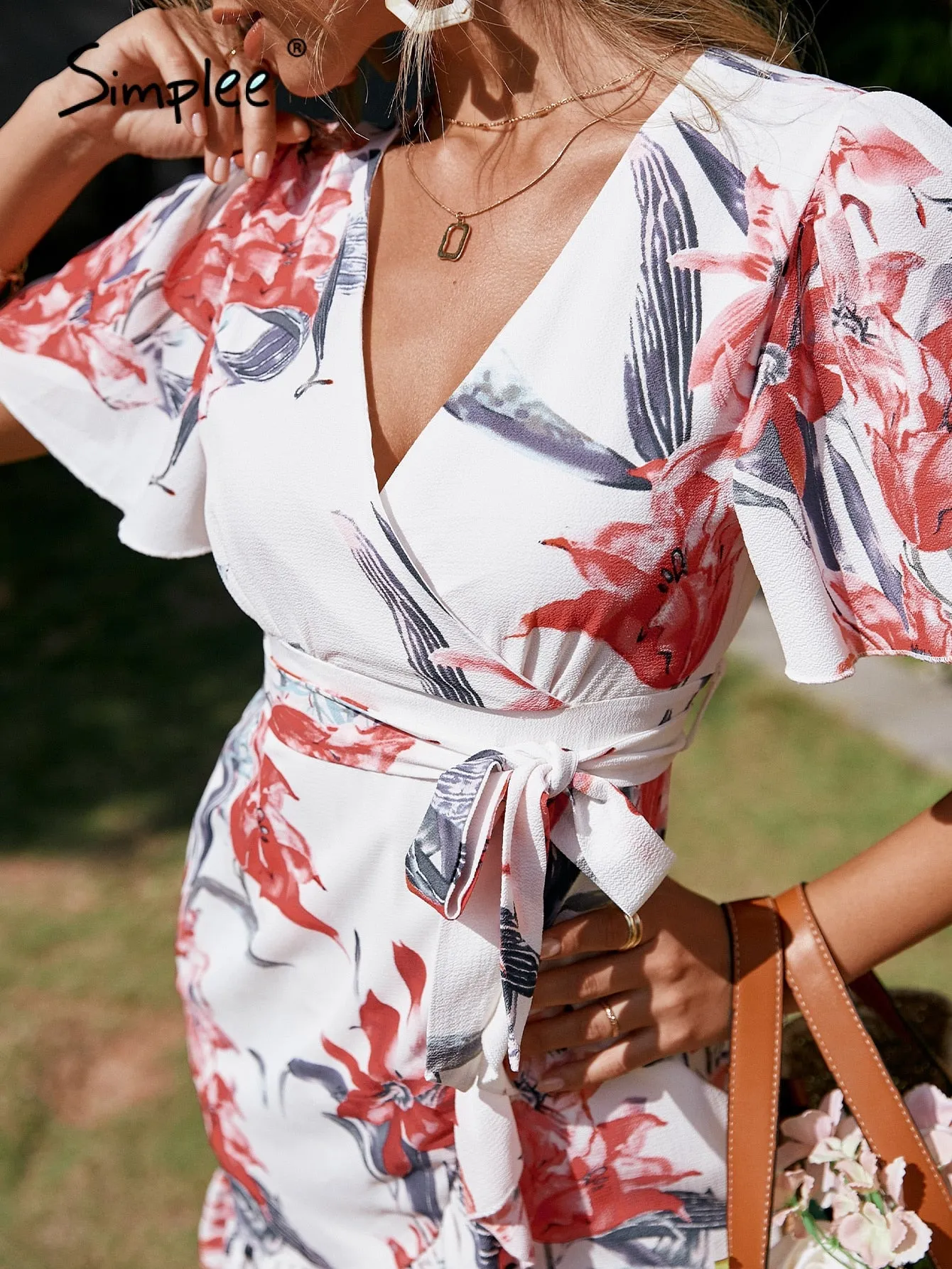 Elegant v-neck flare sleeve leopard print summer Ruffle floral sheath mini dress Holiday pink office Dress