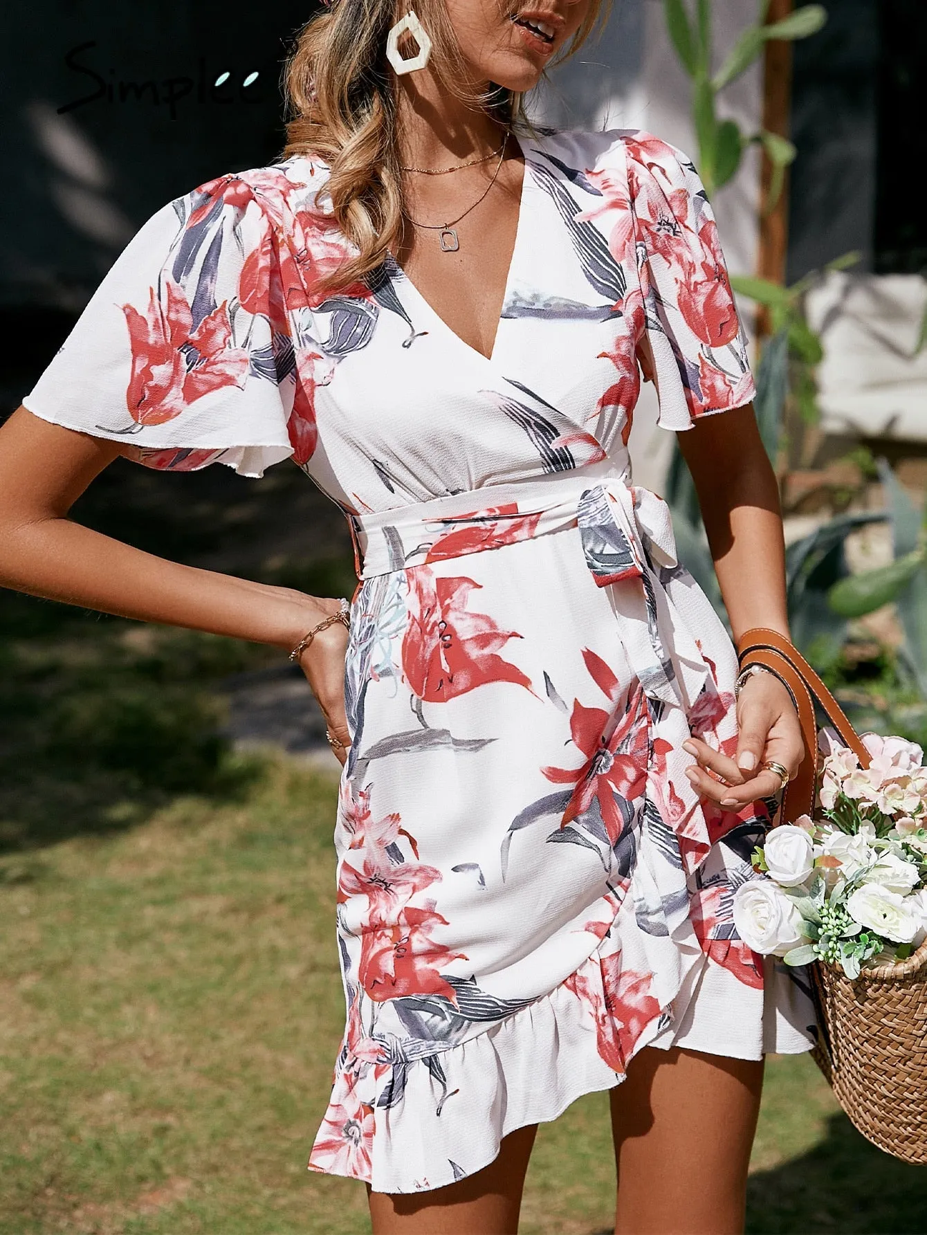 Elegant v-neck flare sleeve leopard print summer Ruffle floral sheath mini dress Holiday pink office Dress