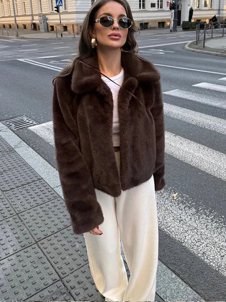 Fashionkova 2024 Winter New Brown Short Faux Fur Jacket Women's Fashion Long Sleeve Soft Cropped Coat Female Loose High Street Outwear