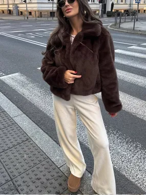 Fashionkova 2024 Winter New Brown Short Faux Fur Jacket Women's Fashion Long Sleeve Soft Cropped Coat Female Loose High Street Outwear