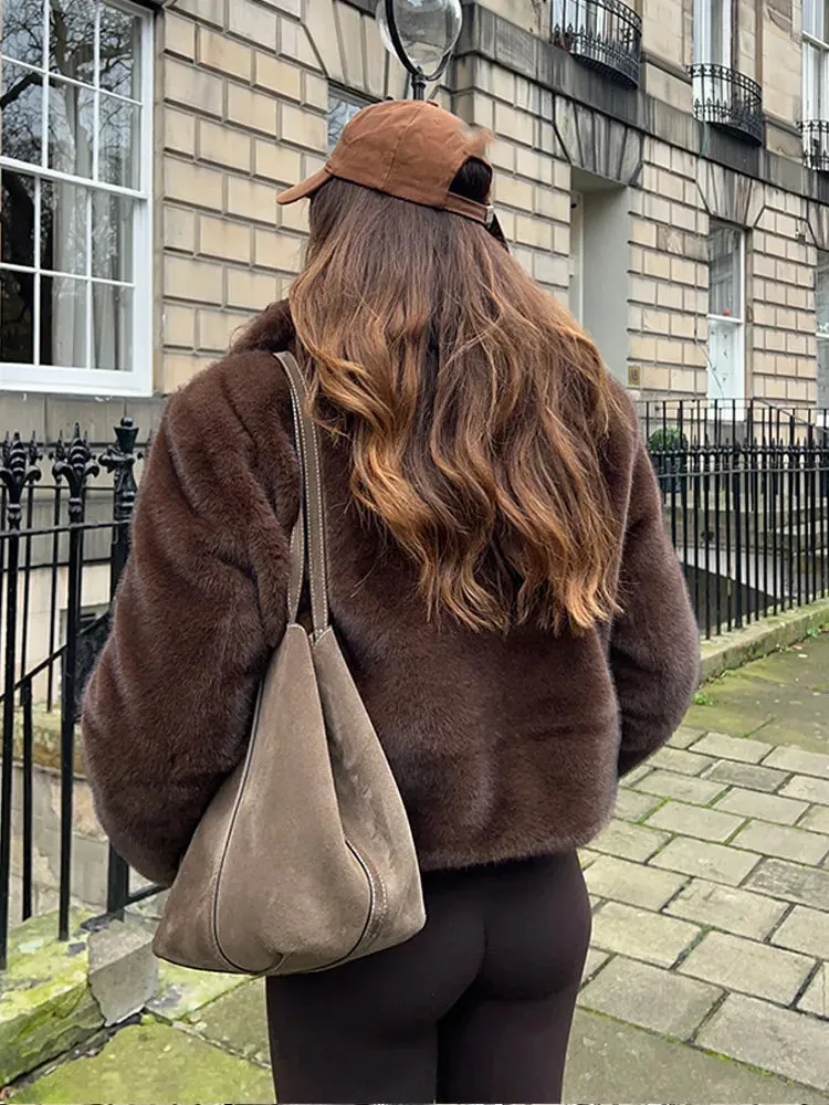 Fashionkova 2024 Winter New Brown Short Faux Fur Jacket Women's Fashion Long Sleeve Soft Cropped Coat Female Loose High Street Outwear