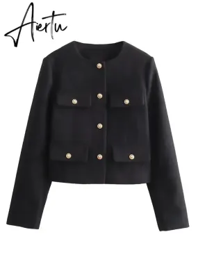 Fashon Tweed Jacket For Women Autumn Winter Long Sleeve Single Breasted Cropped Coat Female Solid O-neck Pocket Outwear Top