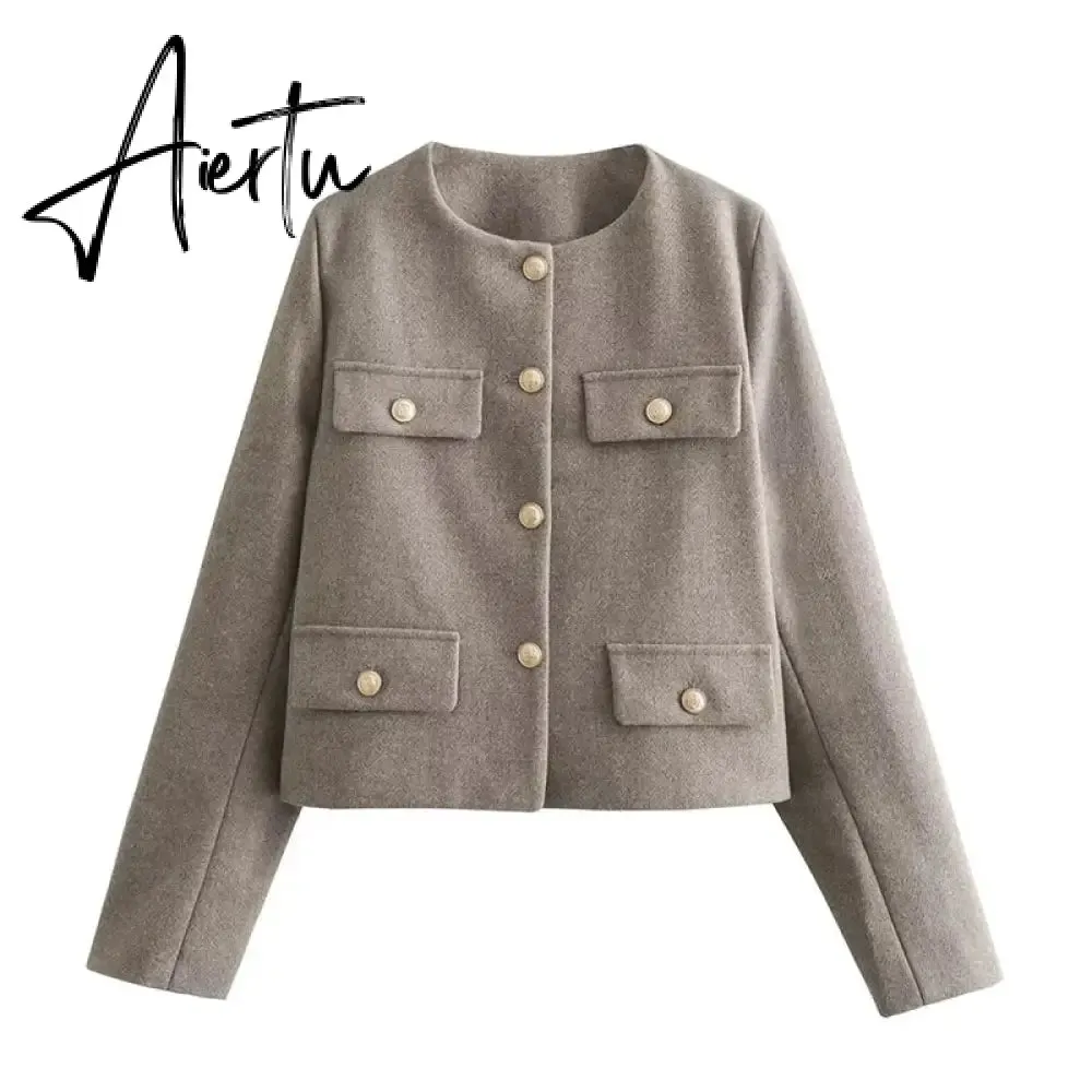 Fashon Tweed Jacket For Women Autumn Winter Long Sleeve Single Breasted Cropped Coat Female Solid O-neck Pocket Outwear Top