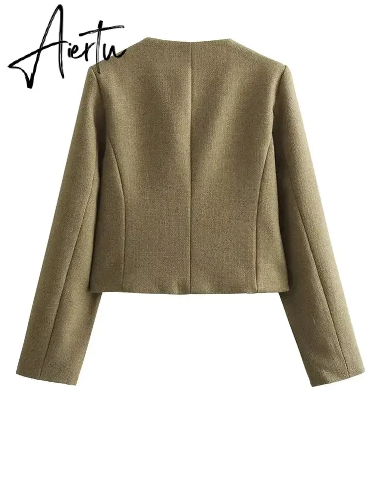 Fashon Tweed Jacket For Women Autumn Winter Long Sleeve Single Breasted Cropped Coat Female Solid O-neck Pocket Outwear Top