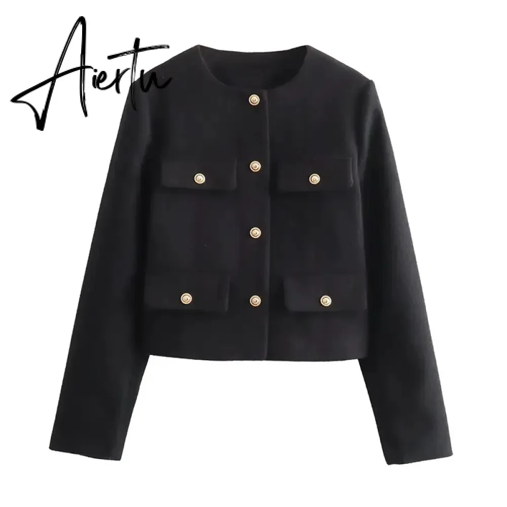 Fashon Tweed Jacket For Women Autumn Winter Long Sleeve Single Breasted Cropped Coat Female Solid O-neck Pocket Outwear Top