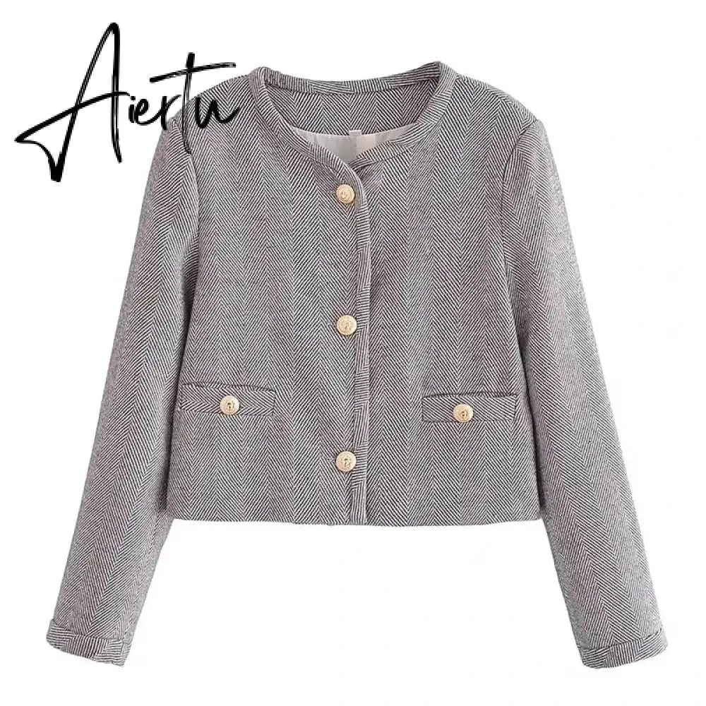 Fashon Tweed Jacket For Women Autumn Winter Long Sleeve Single Breasted Cropped Coat Female Solid O-neck Pocket Outwear Top