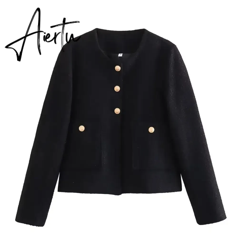 Fashon Tweed Jacket For Women Autumn Winter Long Sleeve Single Breasted Cropped Coat Female Solid O-neck Pocket Outwear Top