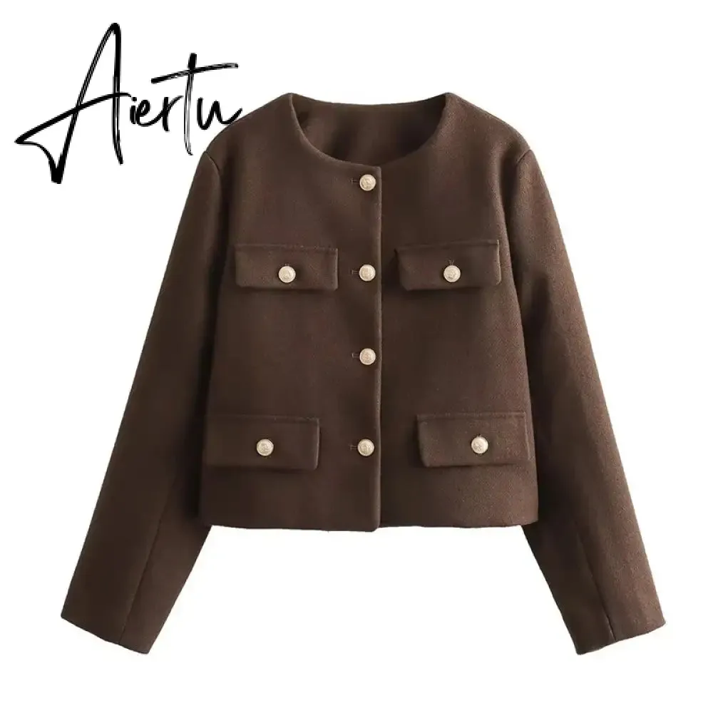 Fashon Tweed Jacket For Women Autumn Winter Long Sleeve Single Breasted Cropped Coat Female Solid O-neck Pocket Outwear Top