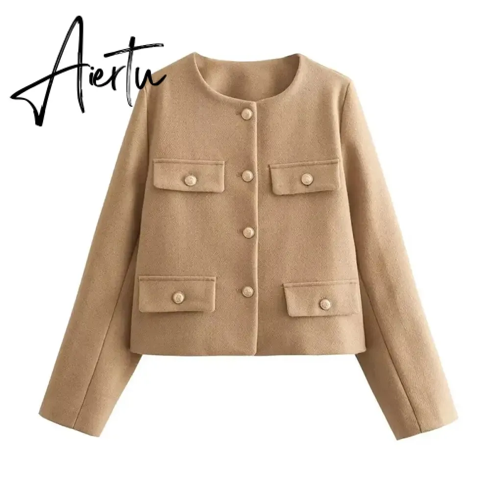 Fashon Tweed Jacket For Women Autumn Winter Long Sleeve Single Breasted Cropped Coat Female Solid O-neck Pocket Outwear Top