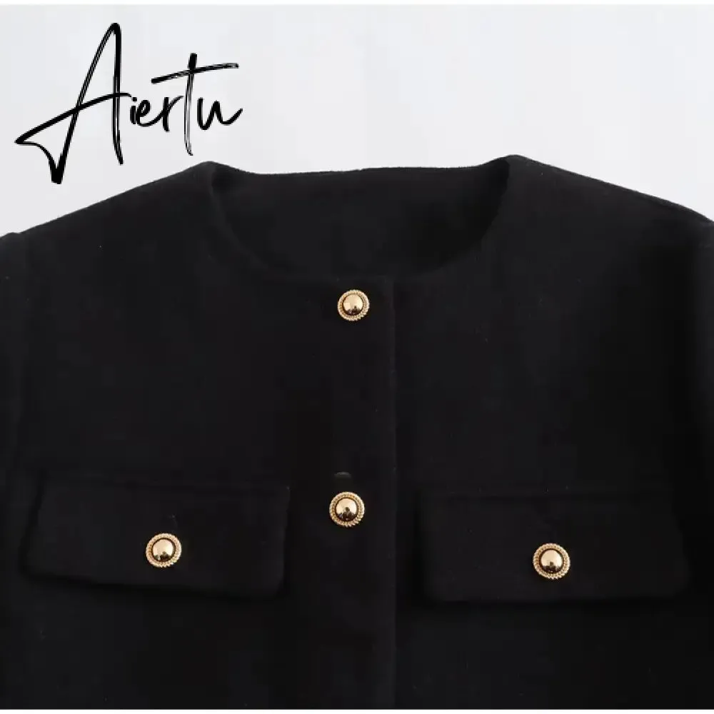 Fashon Tweed Jacket For Women Autumn Winter Long Sleeve Single Breasted Cropped Coat Female Solid O-neck Pocket Outwear Top