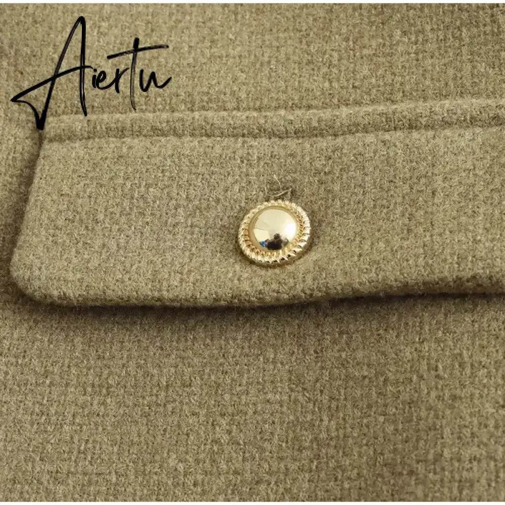 Fashon Tweed Jacket For Women Autumn Winter Long Sleeve Single Breasted Cropped Coat Female Solid O-neck Pocket Outwear Top