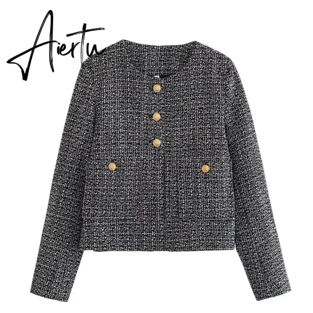 Fashon Tweed Jacket For Women Autumn Winter Long Sleeve Single Breasted Cropped Coat Female Solid O-neck Pocket Outwear Top