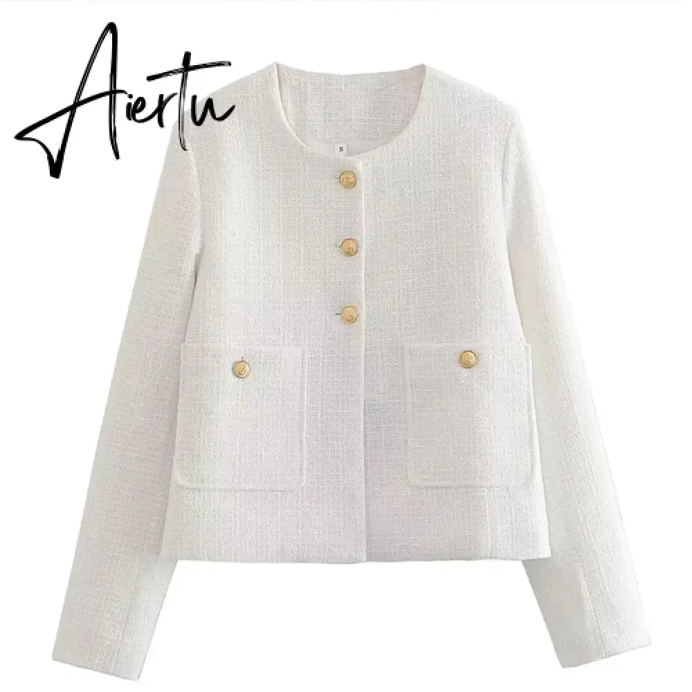 Fashon Tweed Jacket For Women Autumn Winter Long Sleeve Single Breasted Cropped Coat Female Solid O-neck Pocket Outwear Top