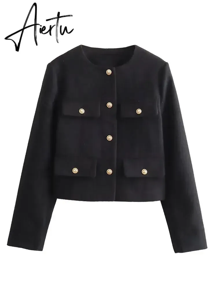 Fashon Tweed Jacket For Women Autumn Winter Long Sleeve Single Breasted Cropped Coat Female Solid O-neck Pocket Outwear Top