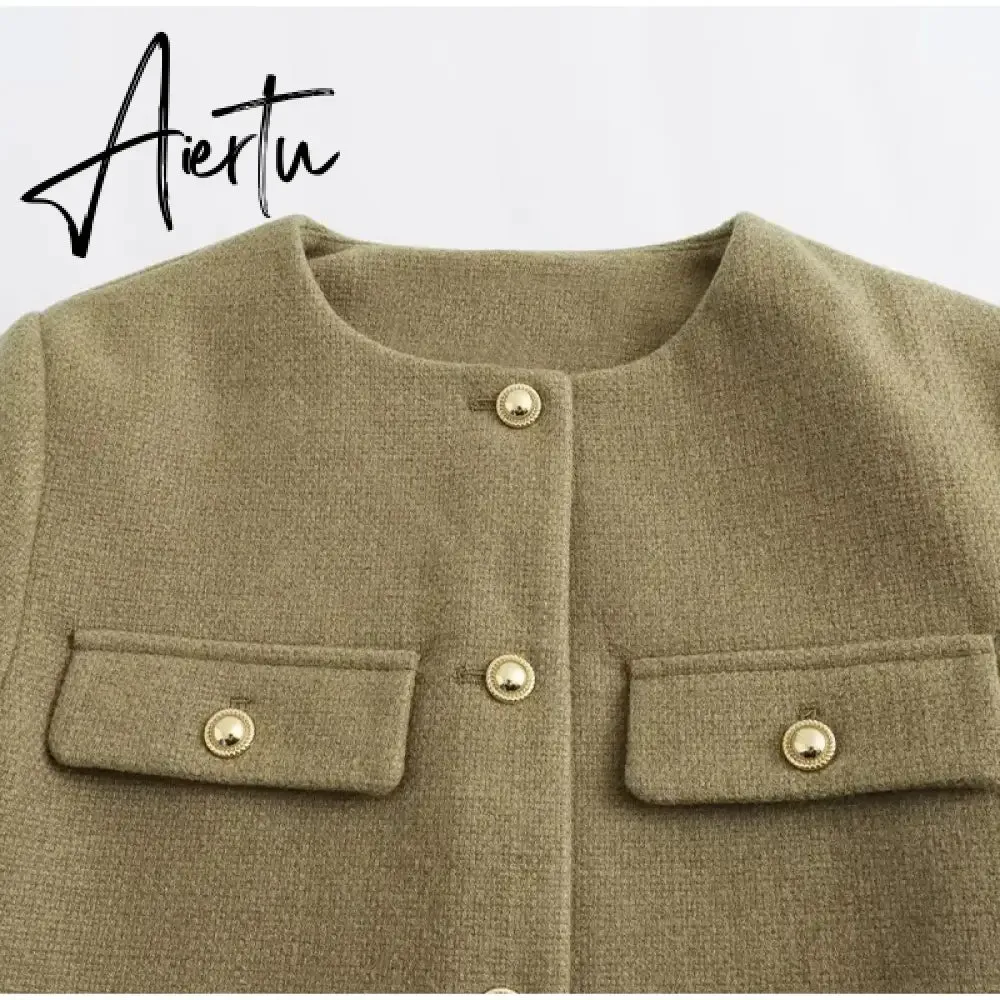 Fashon Tweed Jacket For Women Autumn Winter Long Sleeve Single Breasted Cropped Coat Female Solid O-neck Pocket Outwear Top