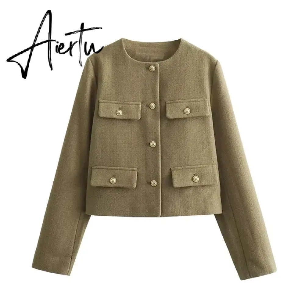 Fashon Tweed Jacket For Women Autumn Winter Long Sleeve Single Breasted Cropped Coat Female Solid O-neck Pocket Outwear Top