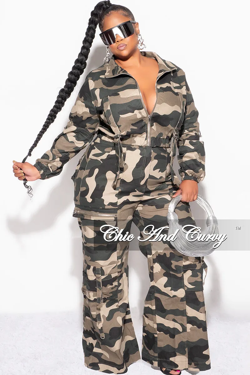 Final Sale Plus Size Zip Up Crop Cargo Jacket & Pants Set in Camouflage Print
