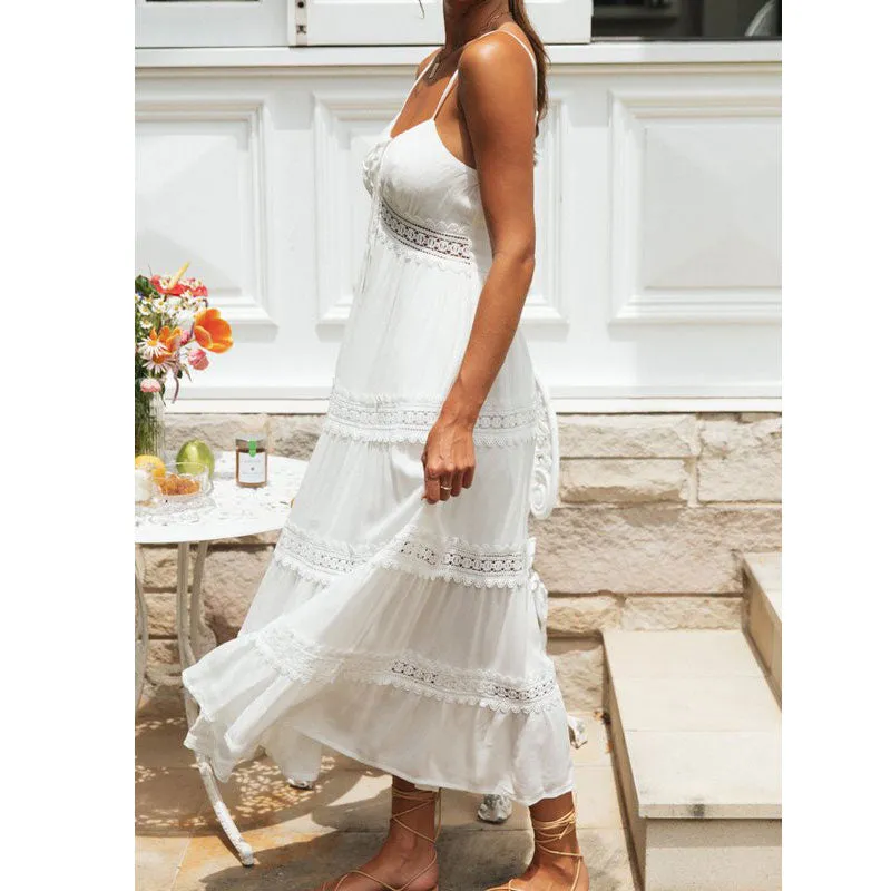 Floral Crochet Long Dress V-Neck Sleeveless High Waist Women's Summer Boho Dress