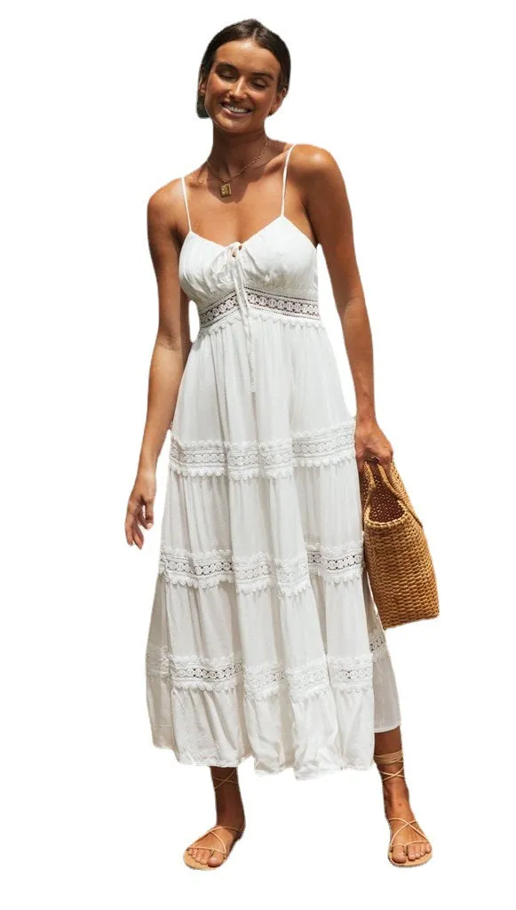 Floral Crochet Long Dress V-Neck Sleeveless High Waist Women's Summer Boho Dress