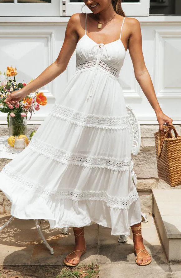 Floral Crochet Long Dress V-Neck Sleeveless High Waist Women's Summer Boho Dress