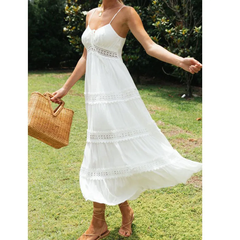 Floral Crochet Long Dress V-Neck Sleeveless High Waist Women's Summer Boho Dress