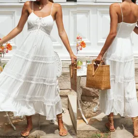 Floral Crochet Long Dress V-Neck Sleeveless High Waist Women's Summer Boho Dress