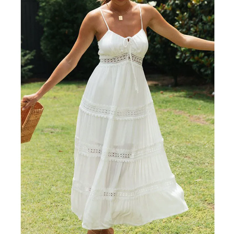 Floral Crochet Long Dress V-Neck Sleeveless High Waist Women's Summer Boho Dress