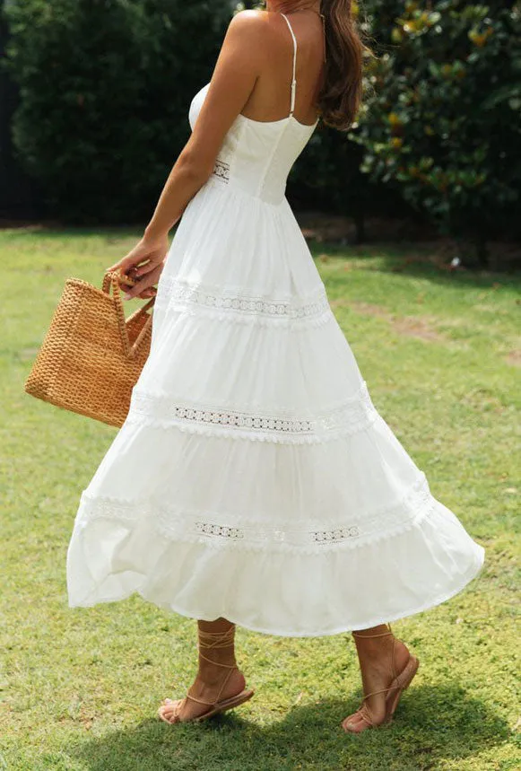 Floral Crochet Long Dress V-Neck Sleeveless High Waist Women's Summer Boho Dress