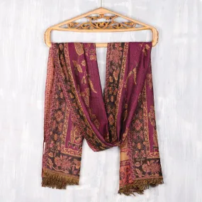 Floral Motif Jamawar-Style Wool Scarf in Azalea from India - Azalea Garden | NOVICA