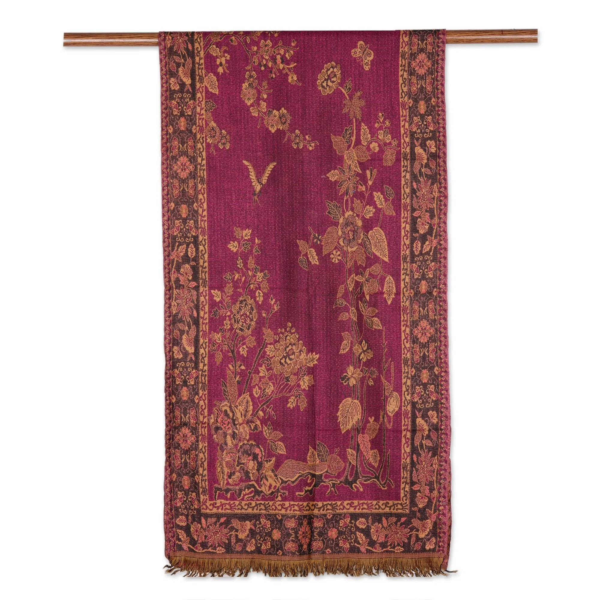 Floral Motif Jamawar-Style Wool Scarf in Azalea from India - Azalea Garden | NOVICA