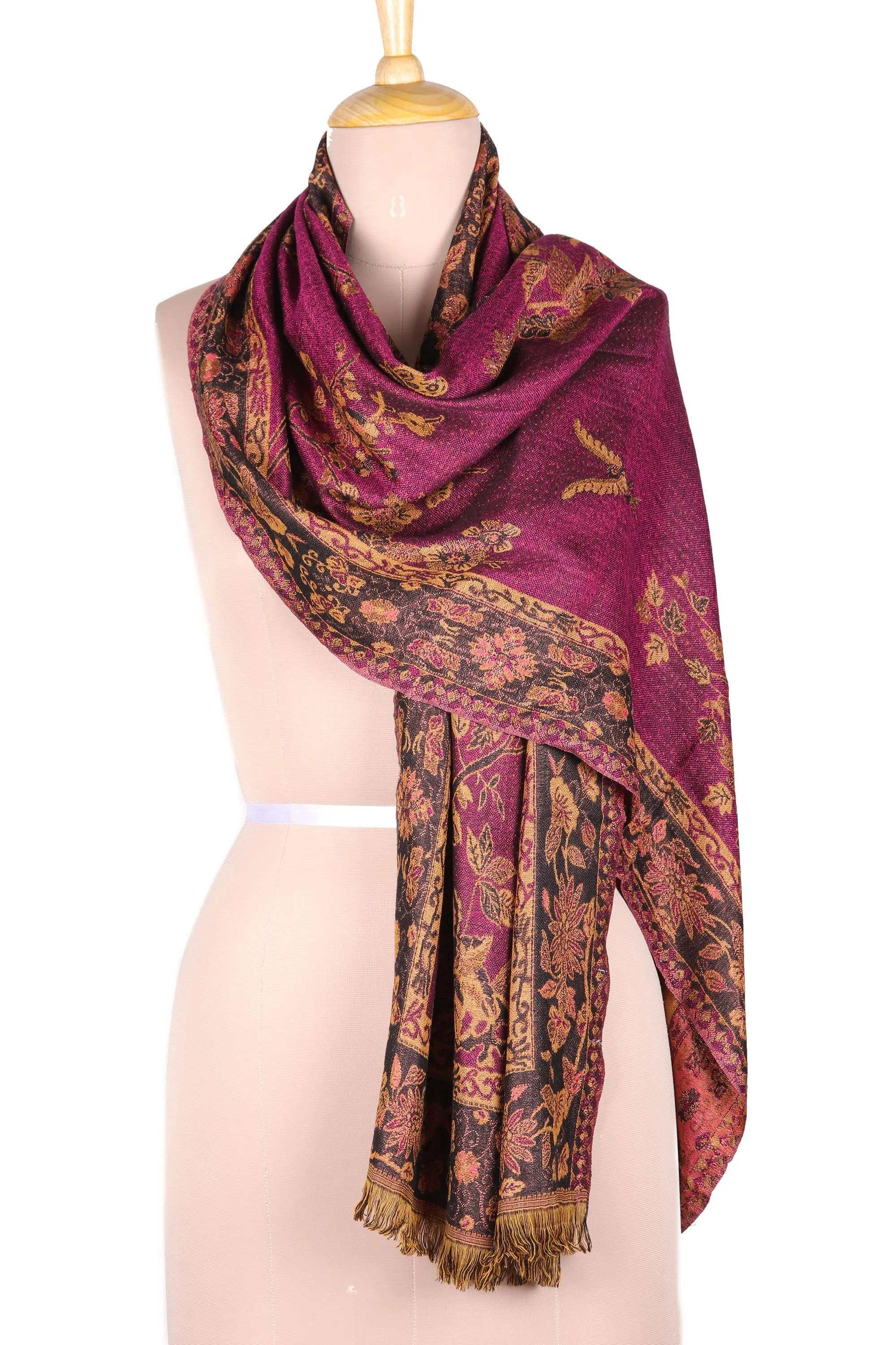 Floral Motif Jamawar-Style Wool Scarf in Azalea from India - Azalea Garden | NOVICA
