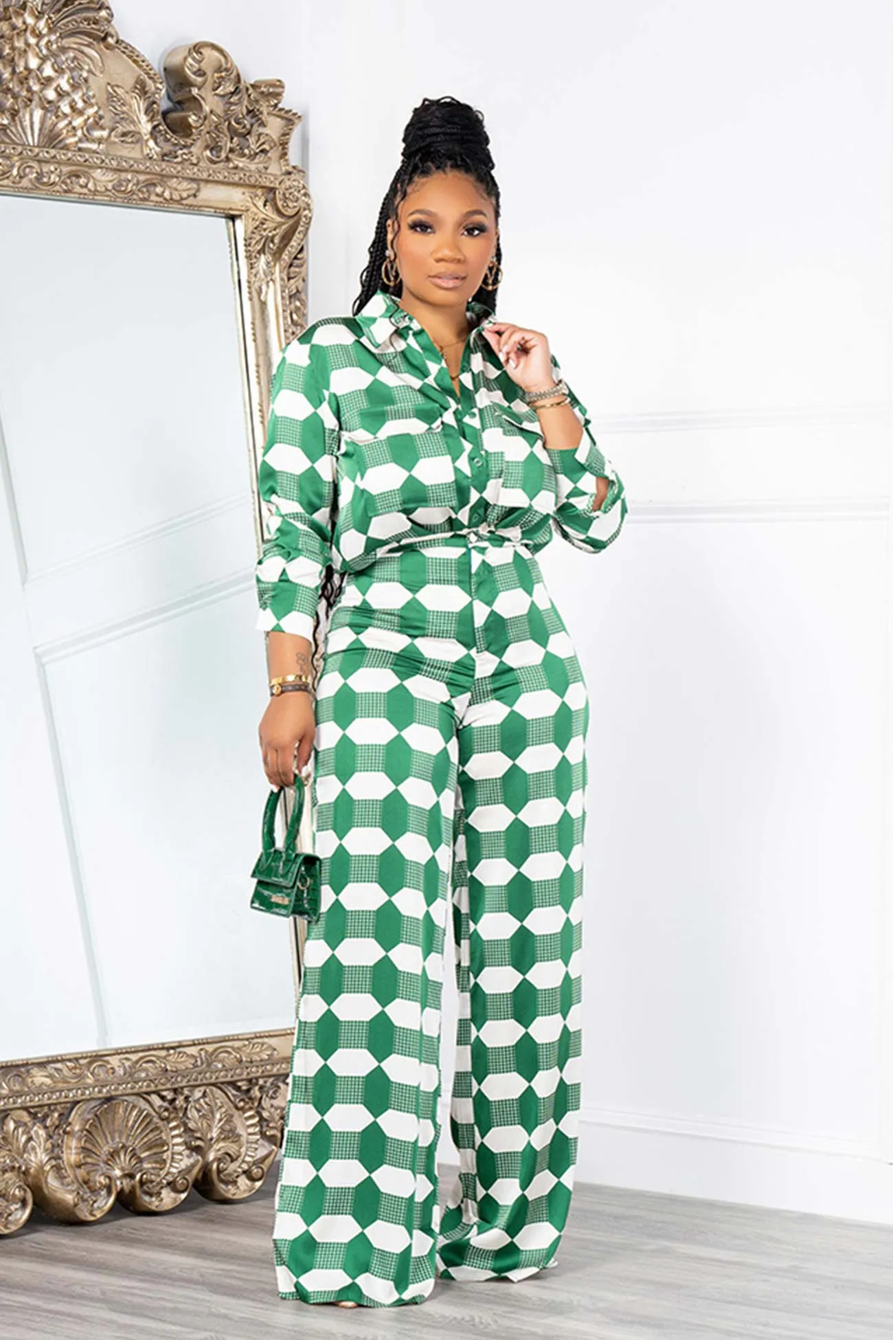 Geometric Print Shirt Long Pants Suits