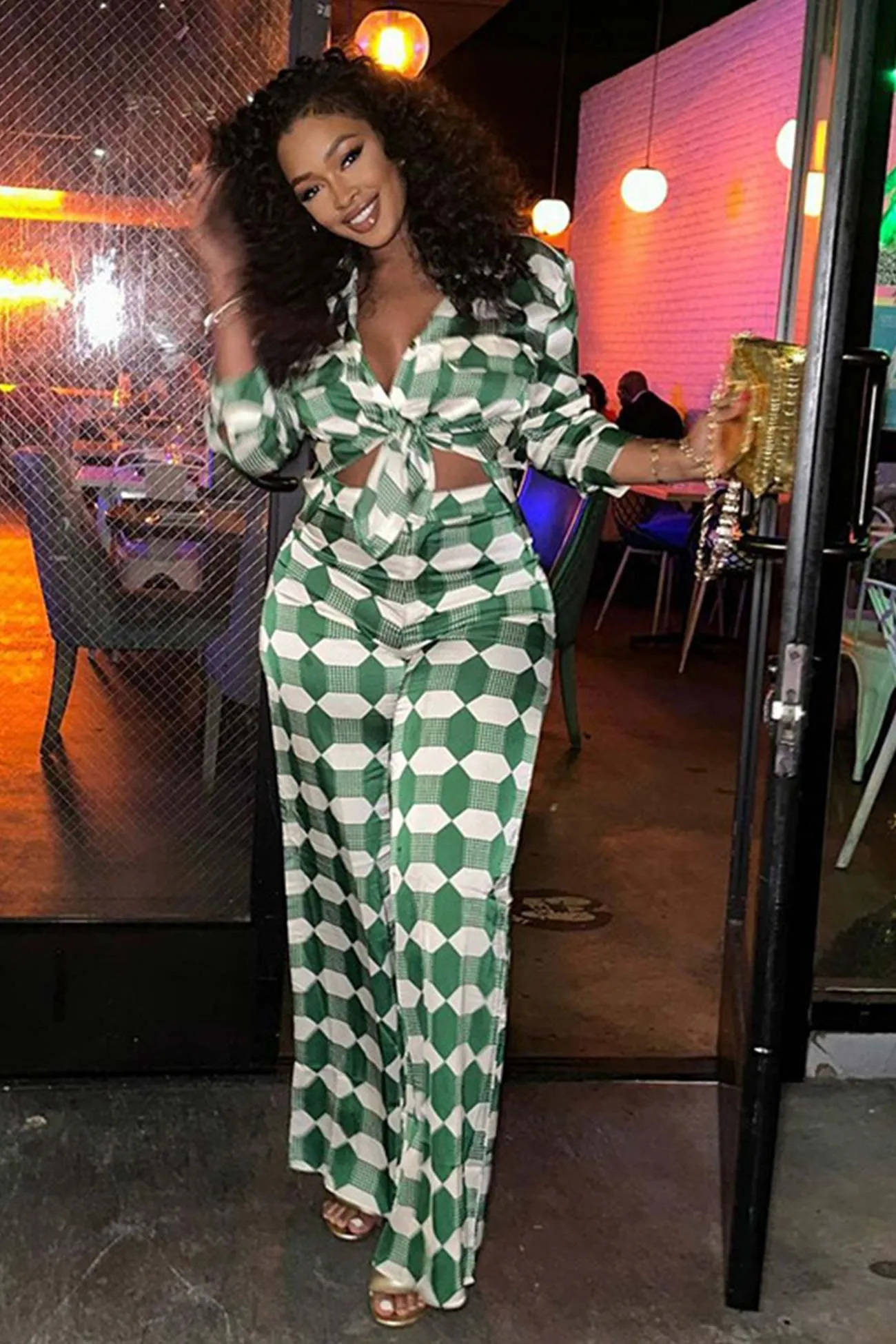 Geometric Print Shirt Long Pants Suits