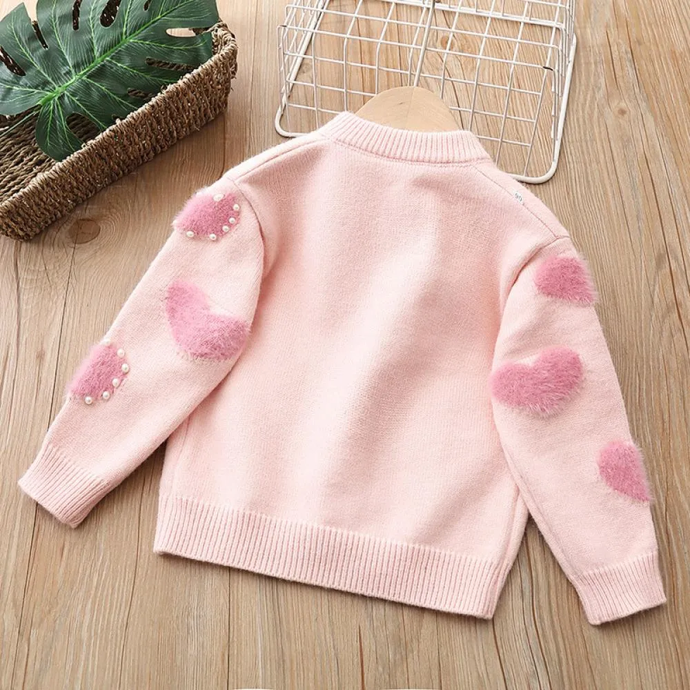 Girls Sweater Knit Pearl Heart Cardigan Top Sweet Princess Jacket Wholesale Girls Clothes