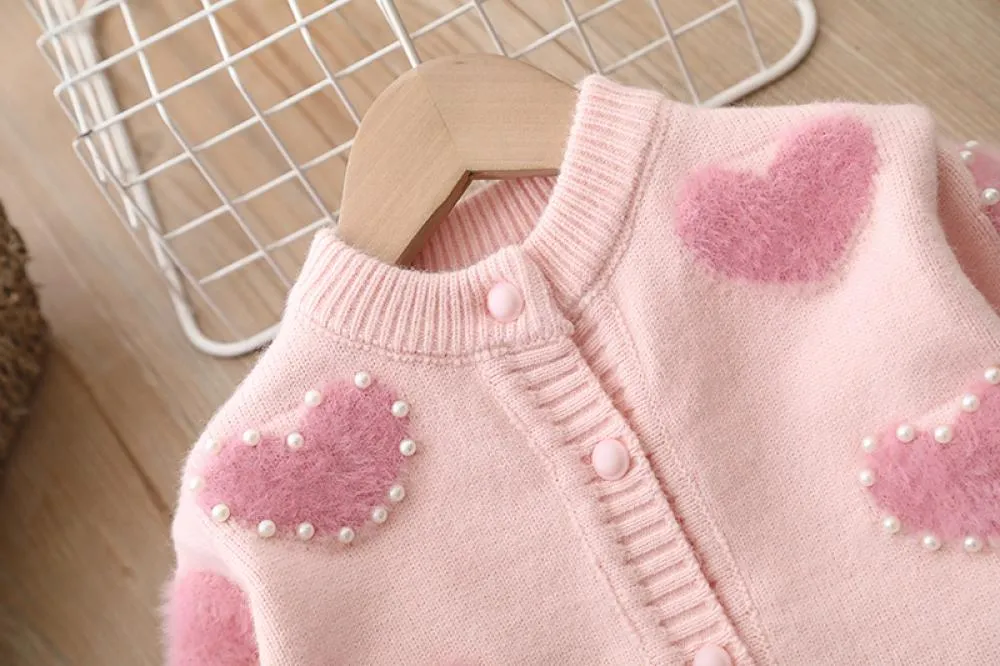 Girls Sweater Knit Pearl Heart Cardigan Top Sweet Princess Jacket Wholesale Girls Clothes