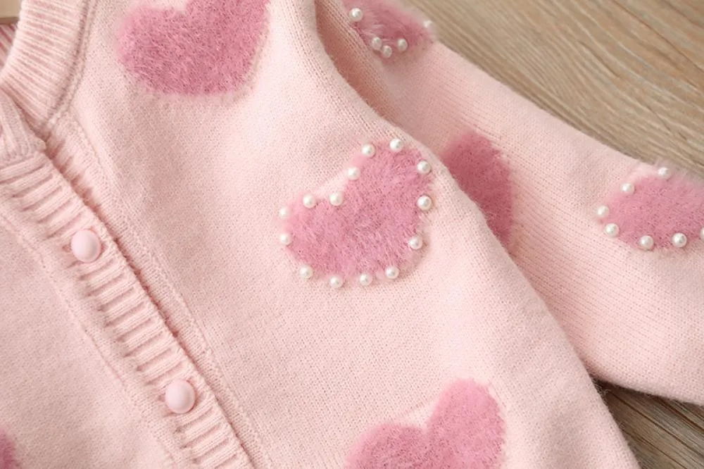 Girls Sweater Knit Pearl Heart Cardigan Top Sweet Princess Jacket Wholesale Girls Clothes