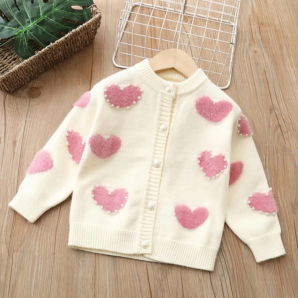 Girls Sweater Knit Pearl Heart Cardigan Top Sweet Princess Jacket Wholesale Girls Clothes
