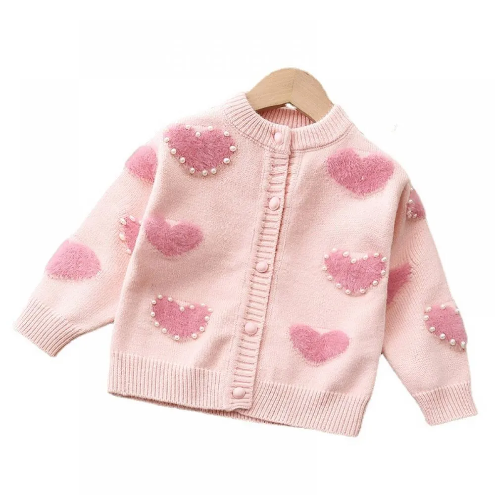 Girls Sweater Knit Pearl Heart Cardigan Top Sweet Princess Jacket Wholesale Girls Clothes