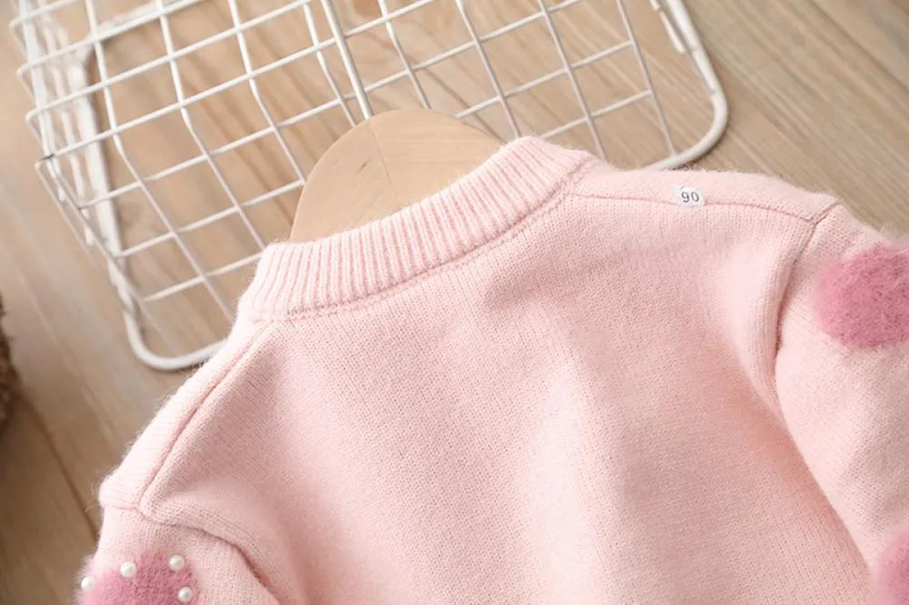 Girls Sweater Knit Pearl Heart Cardigan Top Sweet Princess Jacket Wholesale Girls Clothes