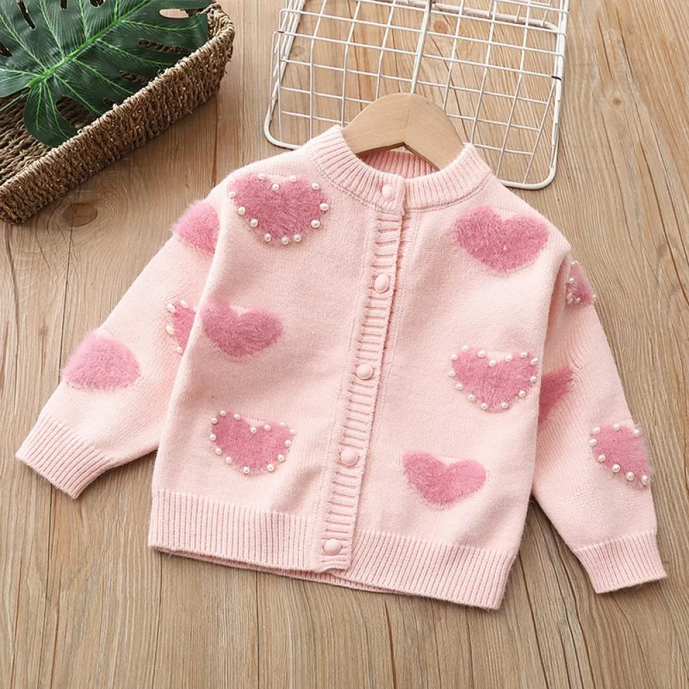 Girls Sweater Knit Pearl Heart Cardigan Top Sweet Princess Jacket Wholesale Girls Clothes