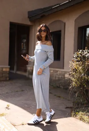 Grey Ribbed Sweater Midi Dress