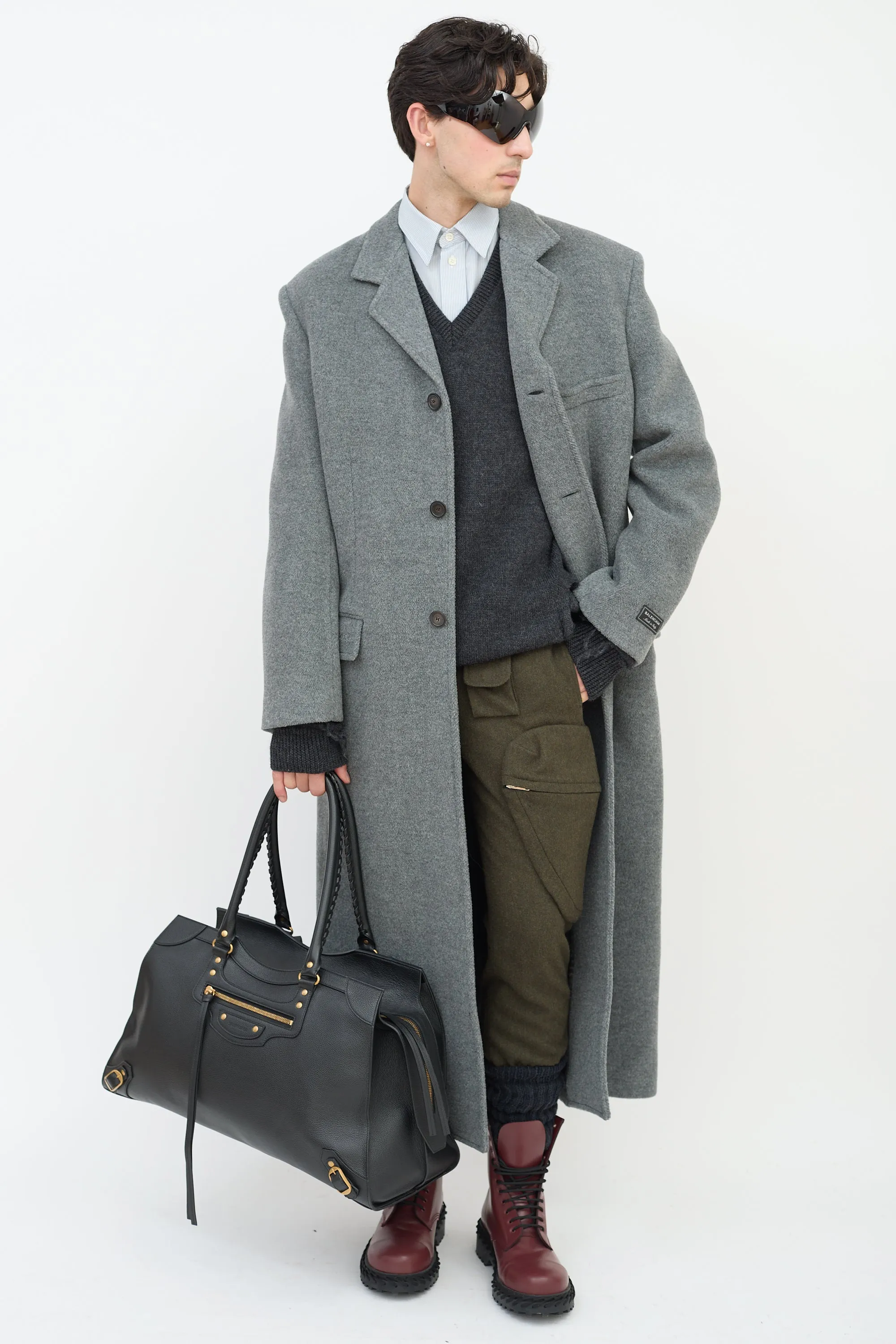 Grey Wool Three Pocket Long Coat