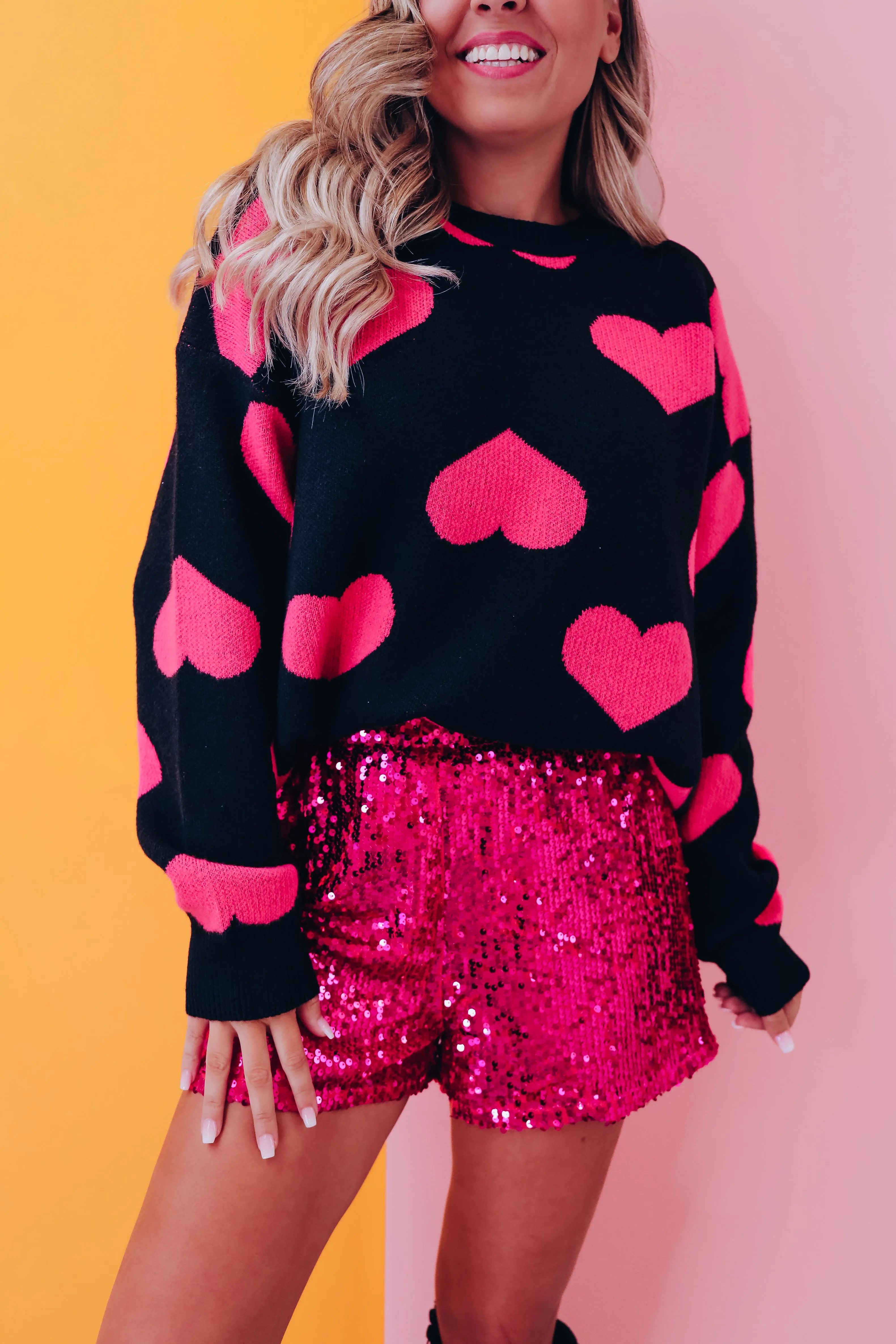 Harmony Heart Print Sweater - Black/Pink