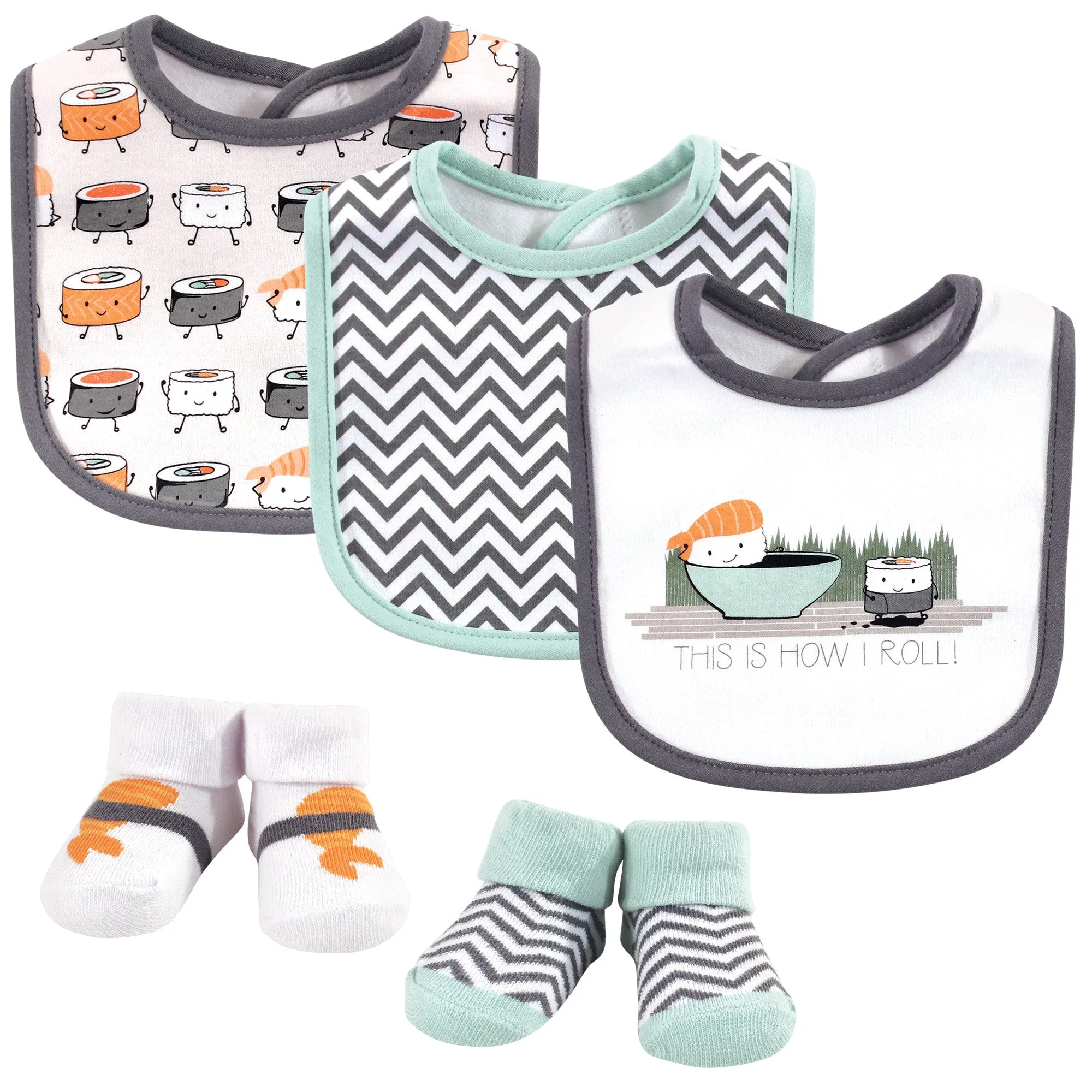 Hudson Baby Cotton Bib and Sock Set, Sushi