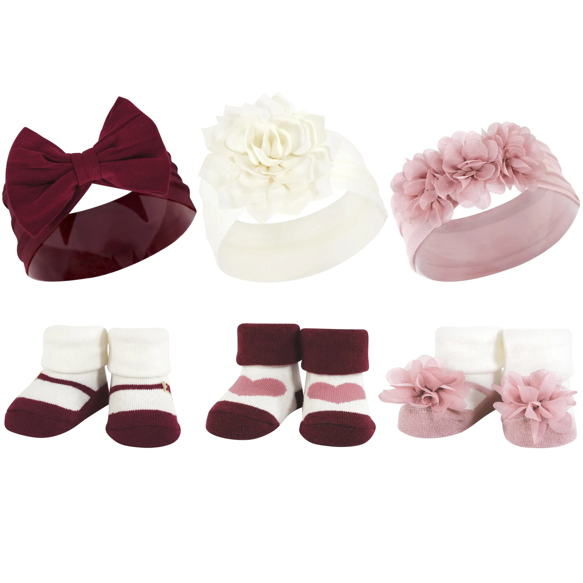 Hudson Baby Headband and Socks Giftset, Burgundy Blush