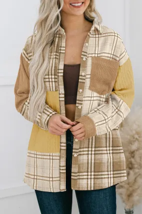 Khaki Plaid Colour Block Patchwork Shirt Jacket with Pocket